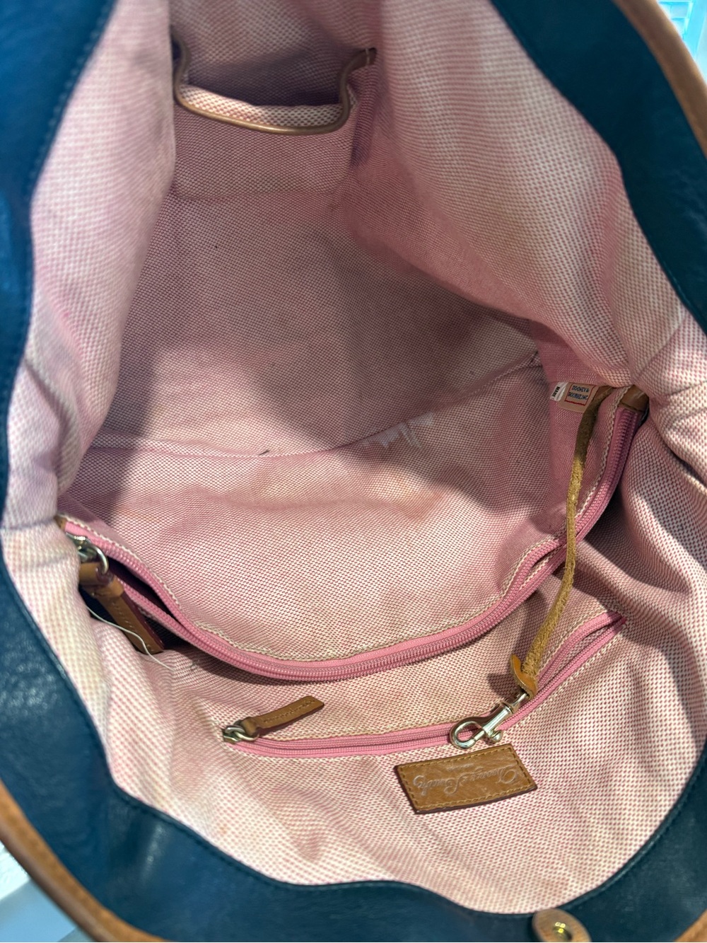 REHAB Dooney & Bourke Navy Leather Shoulder Bag with Tan Trim and Accents - Picture 6 of 13
